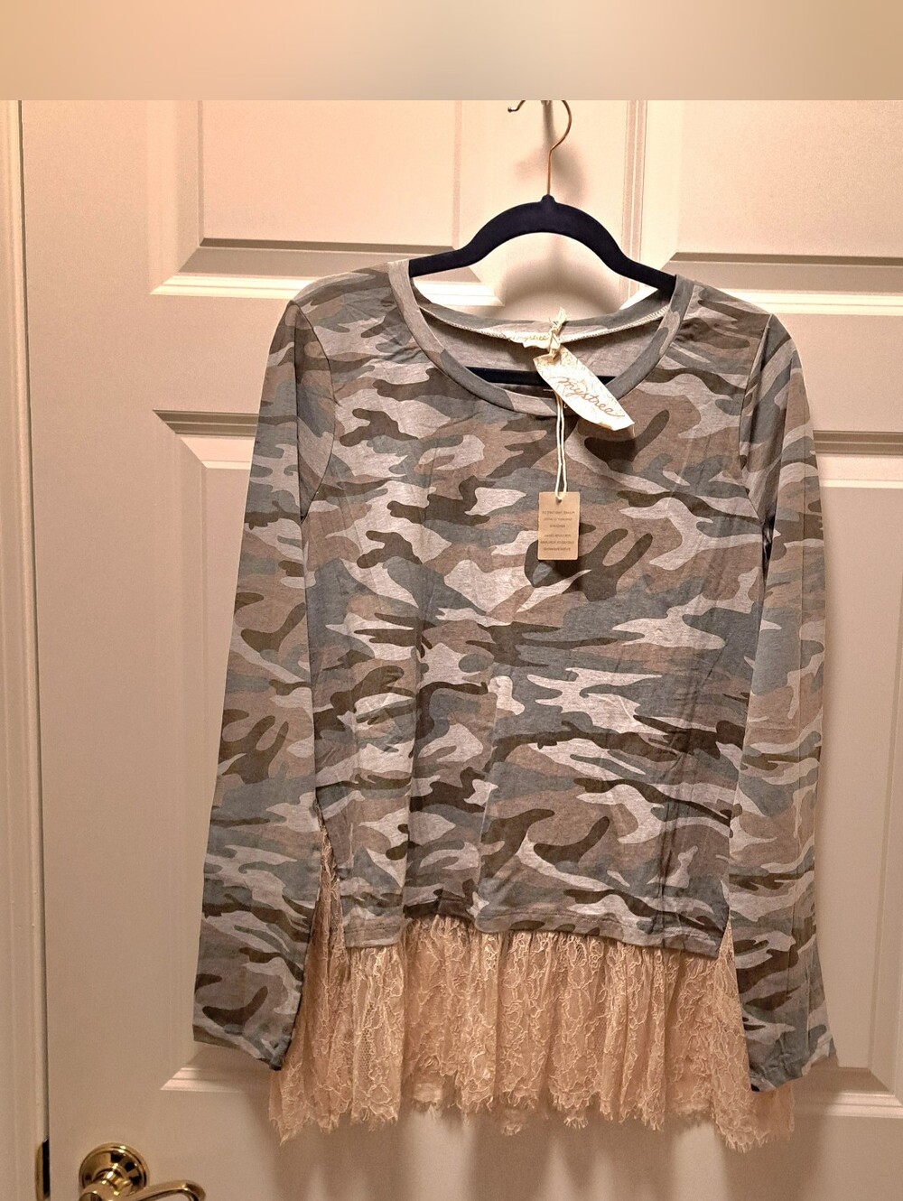 MYSTREE green CAMO sweatshirt LACE TOP new LONG SLEEVES size large 40" CHEST - Picture 6 of 6